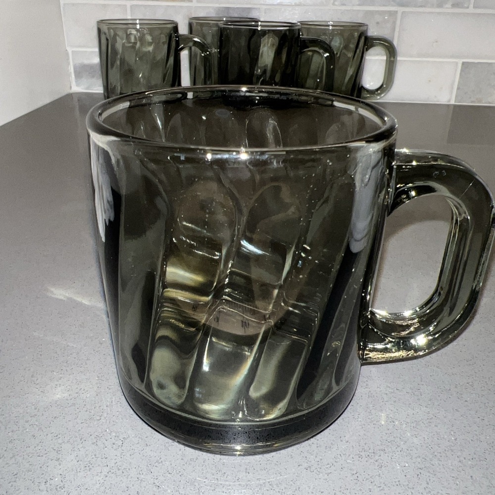 5 Libbey Smoke Gray Swirl Glass Mug/Cup Coffee/Tea Mid Century